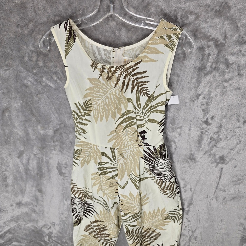 Lee's Fashion Jumpsuit Womens XS Cream Green Tropical Fern Hawaii Pockets Romper - Picture 12 of 14